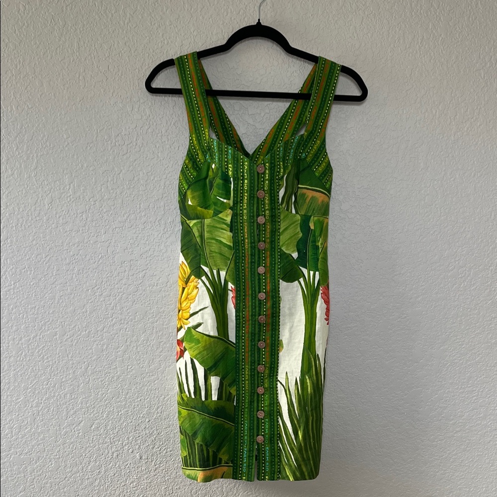 FARM Rio Green Tropical Print Linen Mini Dress - Picture 4 of 13